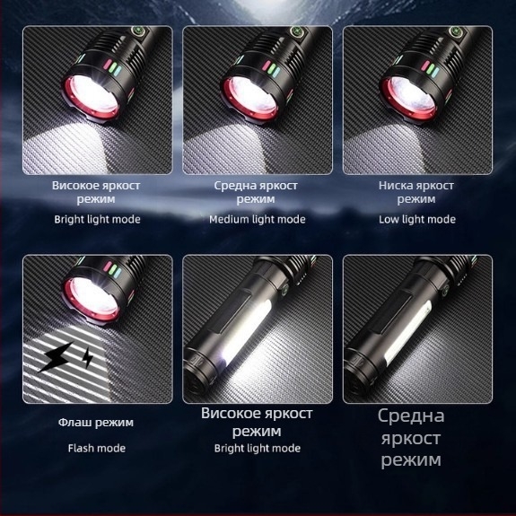 Фенер с лазер и COB LED, USB зареждане, цифров дисплей, за къмпинг и навън (50 W; 6000 mAh; обхват над 500 m; водоустойчив)