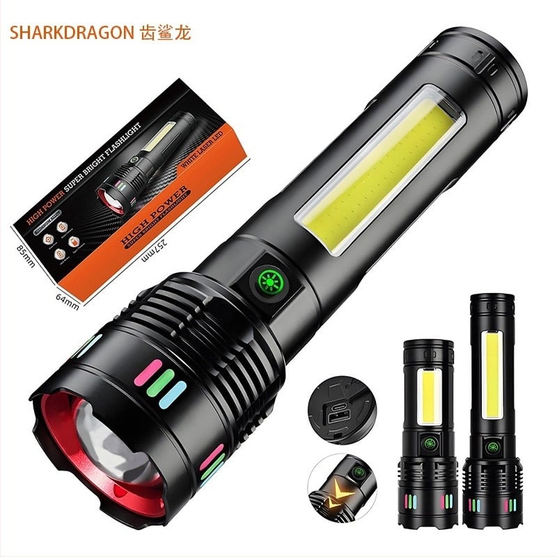 Фенер с лазер и COB LED, USB зареждане, цифров дисплей, за къмпинг и навън (50 W; 6000 mAh; обхват над 500 m; водоустойчив)