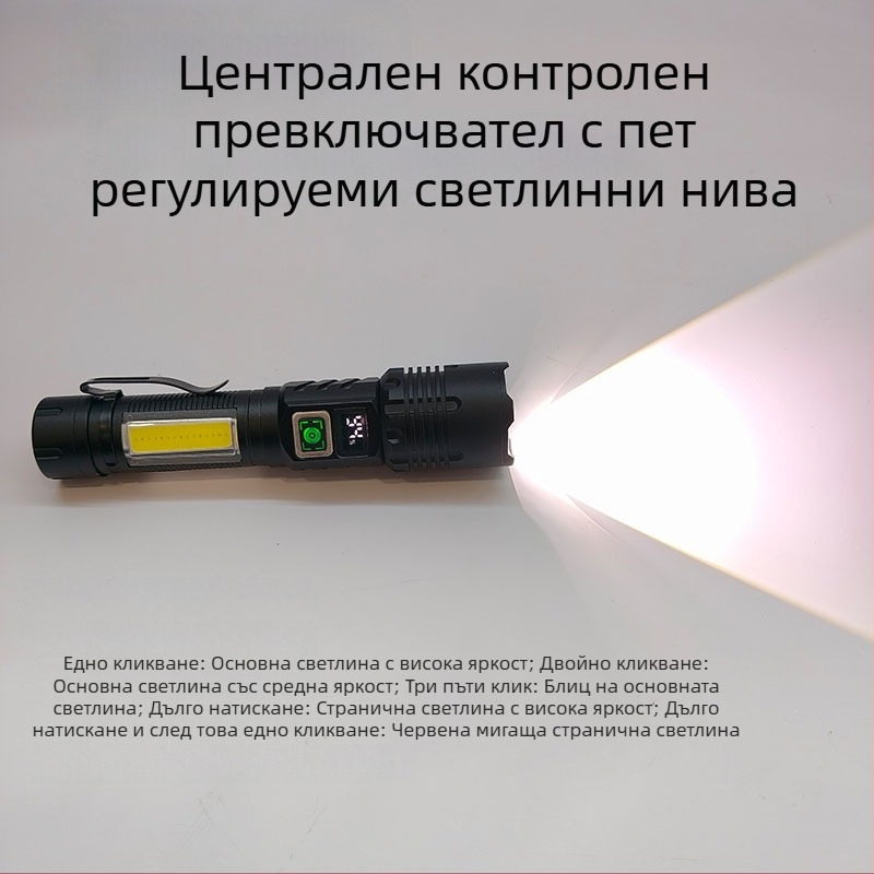 LED фенер COB странично осветление, магнитна щипка за писалка, LCD дисплей (20W, 1200mAh, бял лазер, презареждащ се)