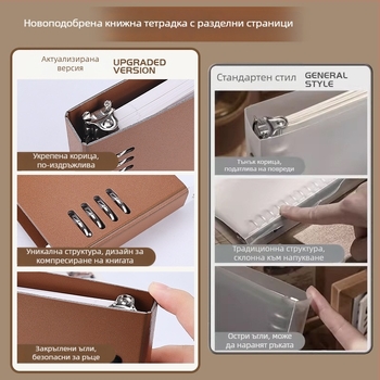 Тетрадка с разделени листове, подвижна метална халка и пружинно подвързване, хоризонтални редове, обложка