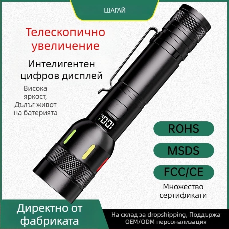 LED фенерче с клип за молив, мултифункционално за къмпинг и аварии, с ръчно презареждане и цифров дисплей, 15W, 2000mAh, оптично увеличение, защита от презареждане