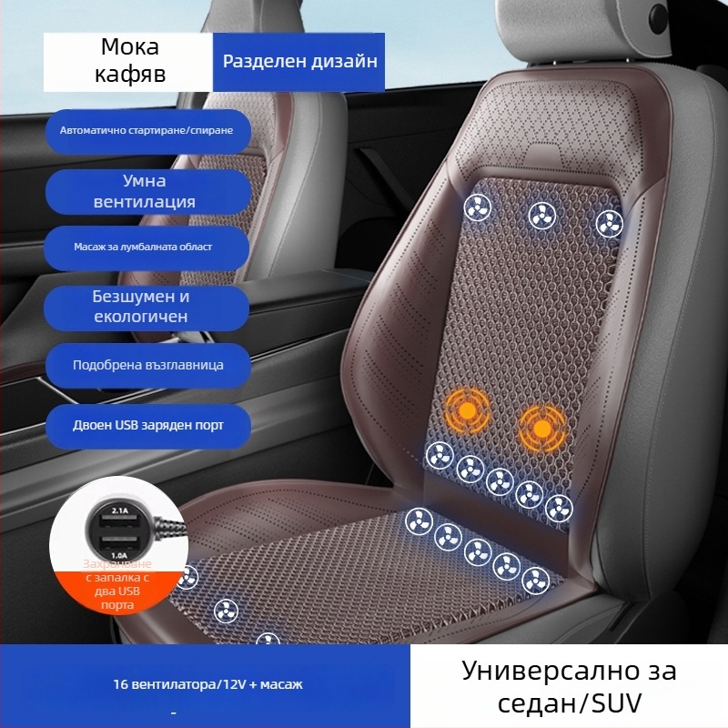 Автомобилен вентилиран охлаждащ подложка за седалка с вентилатор – универсално съвместим за пет места, дишащ, Материал: Друг