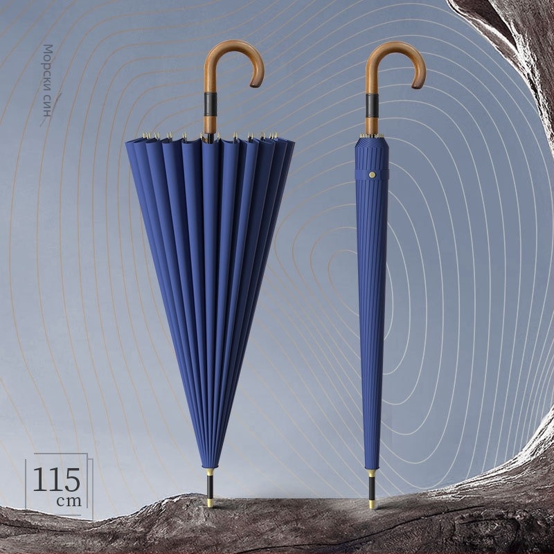 Дълъг чадър за мъже с дръжка от твърдо дърво, извита – усилен корпус, 24 ребра, полуавтоматично отваряне, плат 190T