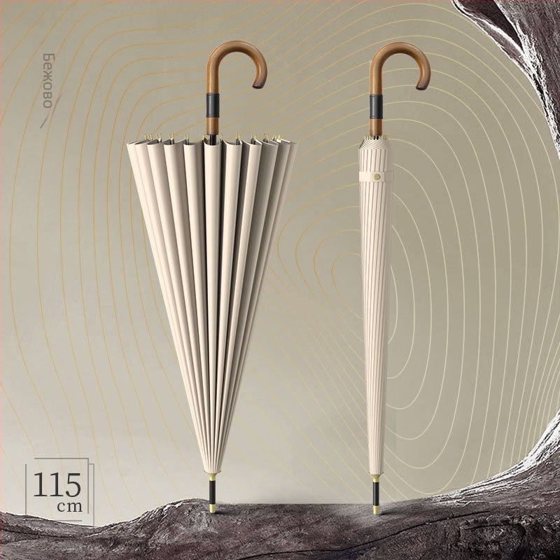 Дълъг чадър за мъже с дръжка от твърдо дърво, извита – усилен корпус, 24 ребра, полуавтоматично отваряне, плат 190T