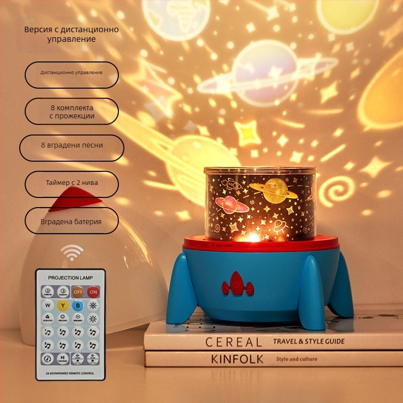 Ракетоподобен проектор-нощна лампа с проекция на звездното небе, върти се, USB зареждане (модел S03)