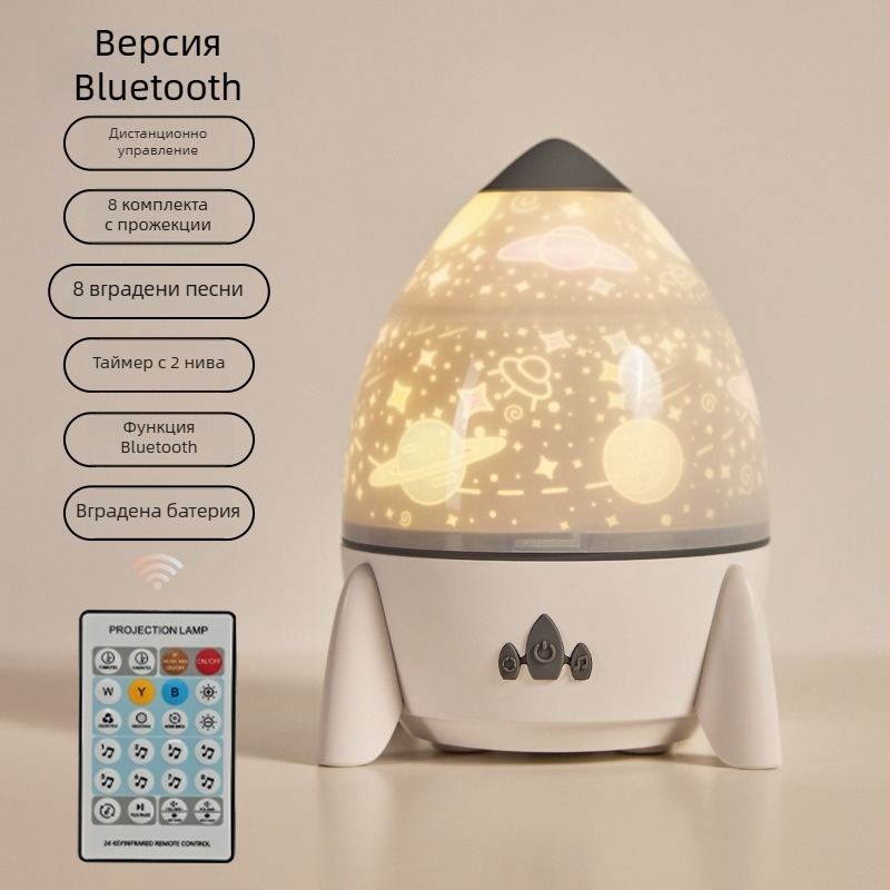 Ракетоподобен проектор-нощна лампа с проекция на звездното небе, върти се, USB зареждане (модел S03)