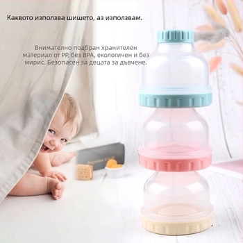 Бебешка двуслойна преносима кутия за мляко на прах, с влагозащитно уплътнение