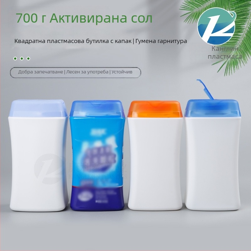 HDPE квадратна бутилка за прах със завъртан капак и уплътнение, 700 g капацитет, диаметър 96 mm, височина 186 mm