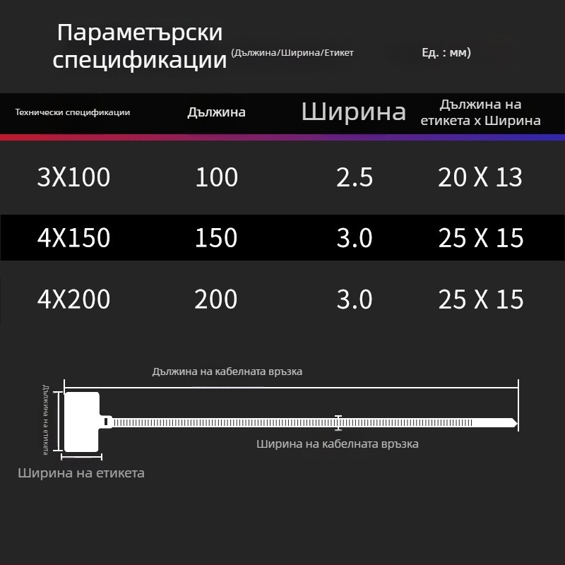 Кабелни стяжки за oznacheniya, PA66, марка Jiutai; комплект от 100 броя със стикер и писалка; произход: Уензоу, Zhejiang, Китай.