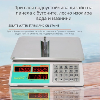 Shenxin 30 кг електронна везна за пазари – висока прецизност, диапазон 10 г–30 кг, модел 619 със стоманен бутон, захранване: от мрежа или батерия, подходяща за ценообразуване на зеленчуци