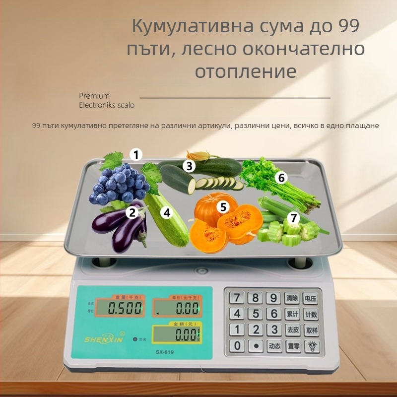 Shenxin 30 кг електронна везна за пазари – висока прецизност, диапазон 10 г–30 кг, модел 619 със стоманен бутон, захранване: от мрежа или батерия, подходяща за ценообразуване на зеленчуци