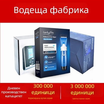 Кутия за електронни продукти за самобръсначки и Bluetooth слушалки — персонализирана с печат на лого; 250 gsm бял картон + гофриран картон; финишни обработки: флокинг, офсетен печат, ситопечат, релеф, UV печат, гравюра, горещ печат