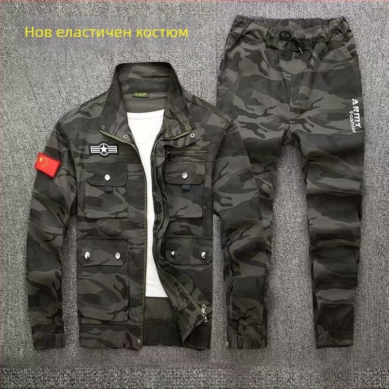 Мъжки камуфлажен работен комплект за пролет и есен, памук, еластичен и удебелен, издръжлив заваръчен костюм за механични ремонти