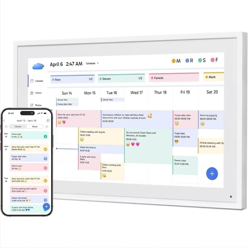 10-инчова умна дигитална фоторамка с календар, тъч дисплей и трансфер на снимки/видео — резолюция 1024×768, 16GB, TF карта поддръжка, съотношение 16:9, яркост 250 лм