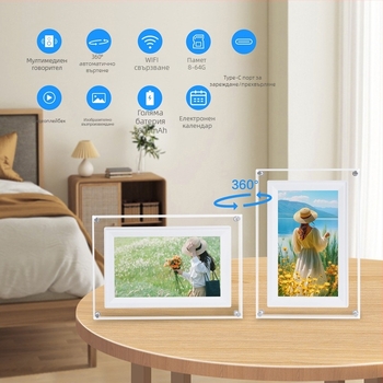 Wi-Fi цифрова фоторамка с прозрачно акрилно тяло, резолюция 1024×600, 8GB памет, възпроизвеждане на видео