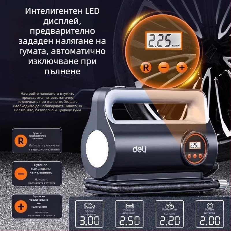 Deli преносима електрическа помпа за гуми за автомобил, 12V, 100W, дигитален дисплей, 30 L/min, бързо надуване