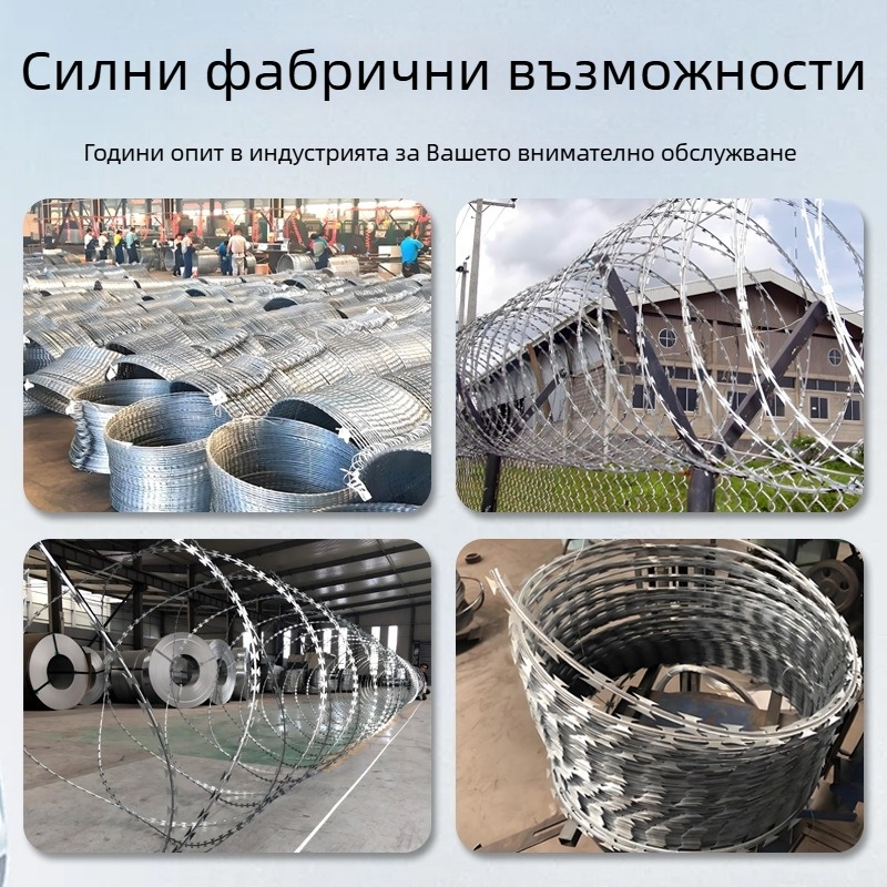 Железопътна бодлива тел с нож за защита от катерене — 304 неръждаема стомана, единично завиване, стил Сиро, дясно завъртане (RHRL), якост на опън 1500