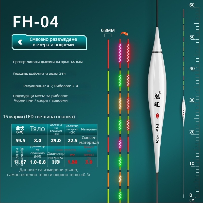 Електронен OLED светещ поплавък — висока чувствителност, индикатор за ухапване с променящ се цвят, дневно и нощно използване, 60 мм ход