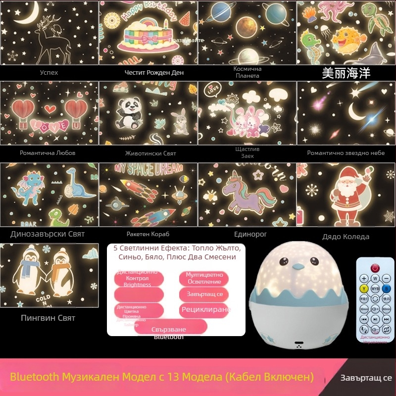 Проектор за звездно небе и музикална нощна лампа, въртящ се, модерен минималистичен стил (Проекция; Музика; 5V; Включване в мрежа)