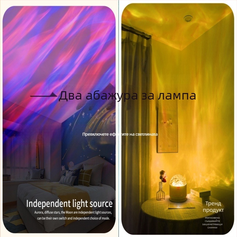 Проекционна лампа със северно сияние и атмосферен ефект, звездна небесна прожекция за спалня, нощна светлина, дистанционно управление, напрежение ≤36V