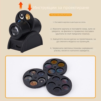Луна-проекционна лампа с 11 лунни дискове – USB захранване или вградена батерия; Монтаж: висящ, настолен или подов монтаж