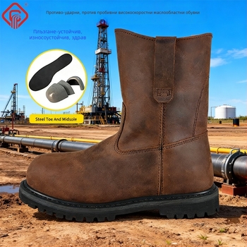 Високи кожени работни ботуши с метален носок: антиударна и антипрокъсваща защита, устойчиви на масло и киселини, антиплъзгаща подметка, износоустойчиви