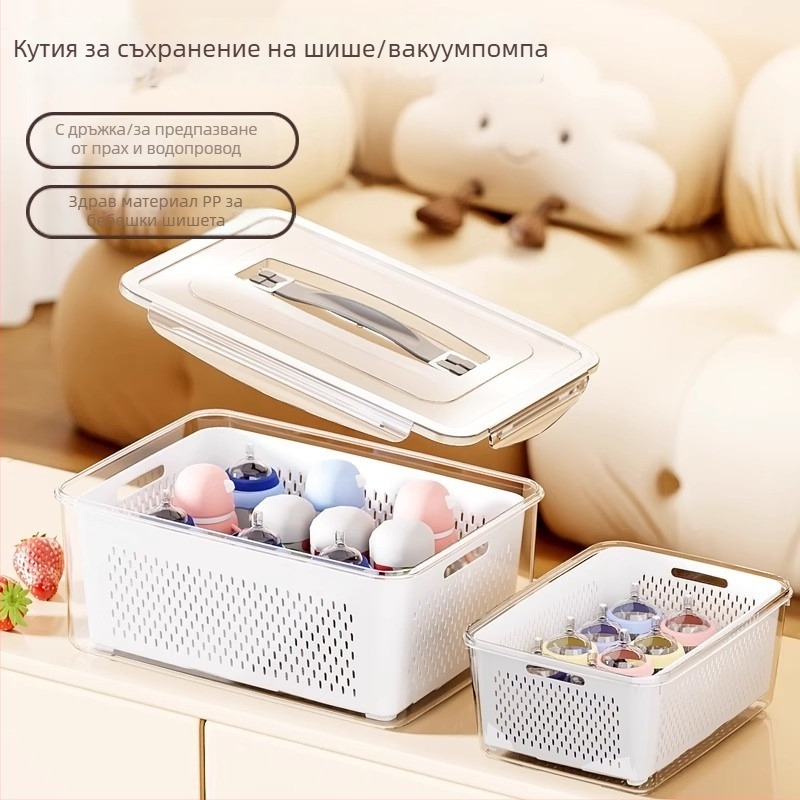 Кутия за съхранение на помпа за кърмене за майки на път, преносим органайзер за бутилки, прахоустойчив и дренажен дизайн, квадратна форма