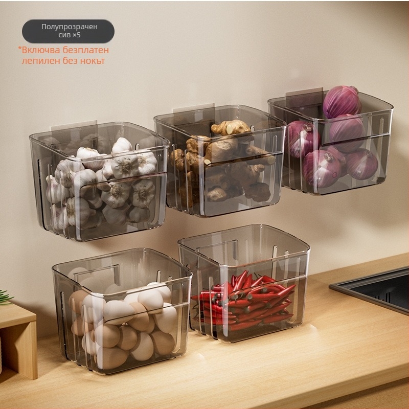 Стенен кухненски органайзер за съхранение: пластмасова кошничка за лук, джинджър и чесън, нордически стил, с печатано лого