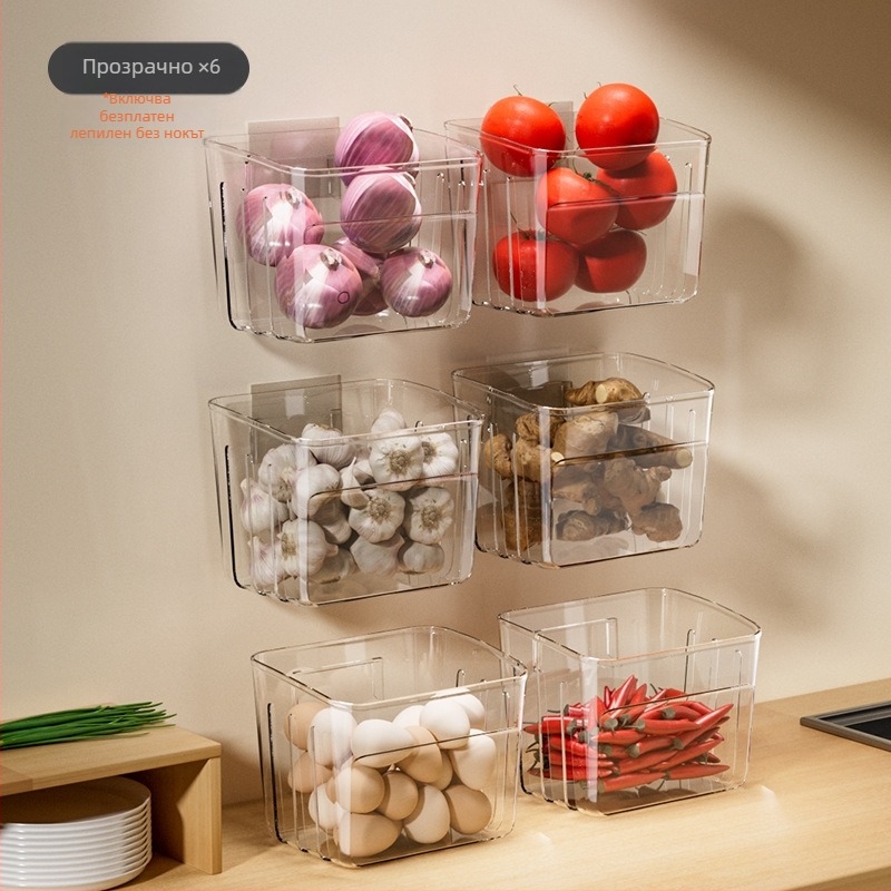 Стенен кухненски органайзер за съхранение: пластмасова кошничка за лук, джинджър и чесън, нордически стил, с печатано лого