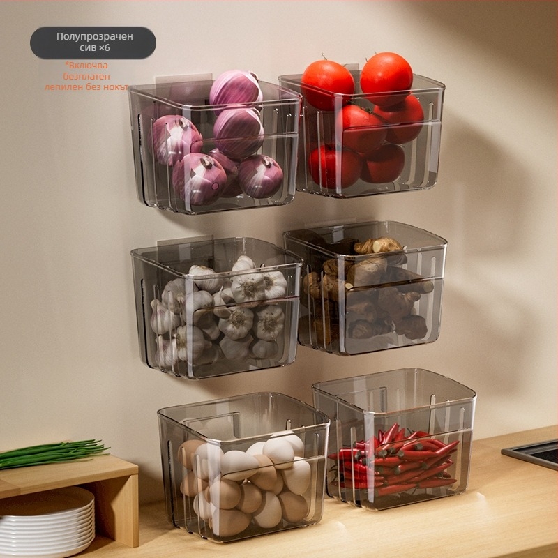Стенен кухненски органайзер за съхранение: пластмасова кошничка за лук, джинджър и чесън, нордически стил, с печатано лого