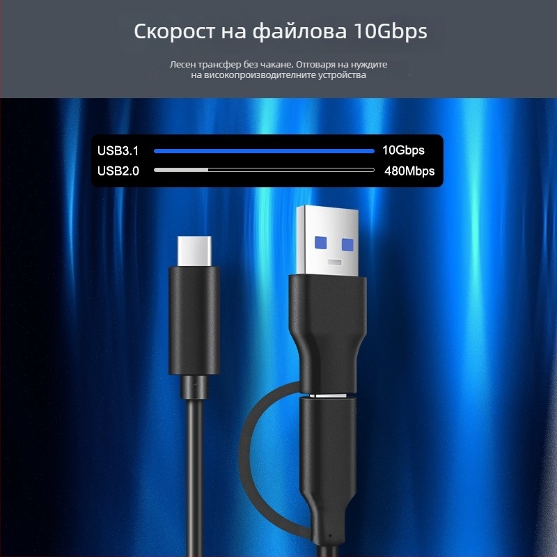 Type-C външен корпус за твърд диск с USB 3.1 Gen2, PD бързо зареждане, пренос на данни до 10 Gbps, кабел 0.5–1 m