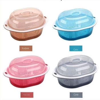 Двоен дренажен кош със капак за плодове и зеленчуци — кръгъл пластмасов PP кош за измиване и съхранение в кухнята