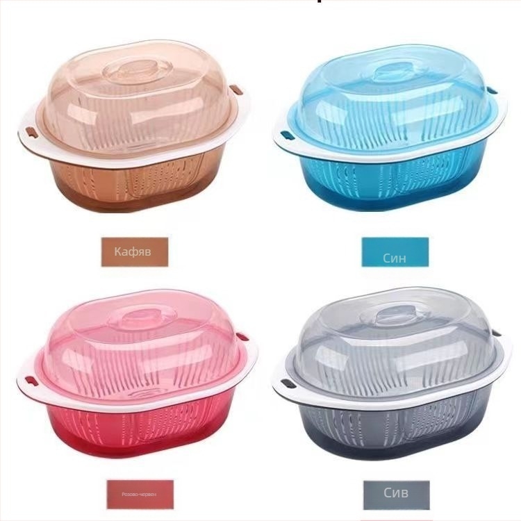 Двоен дренажен кош със капак за плодове и зеленчуци — кръгъл пластмасов PP кош за измиване и съхранение в кухнята