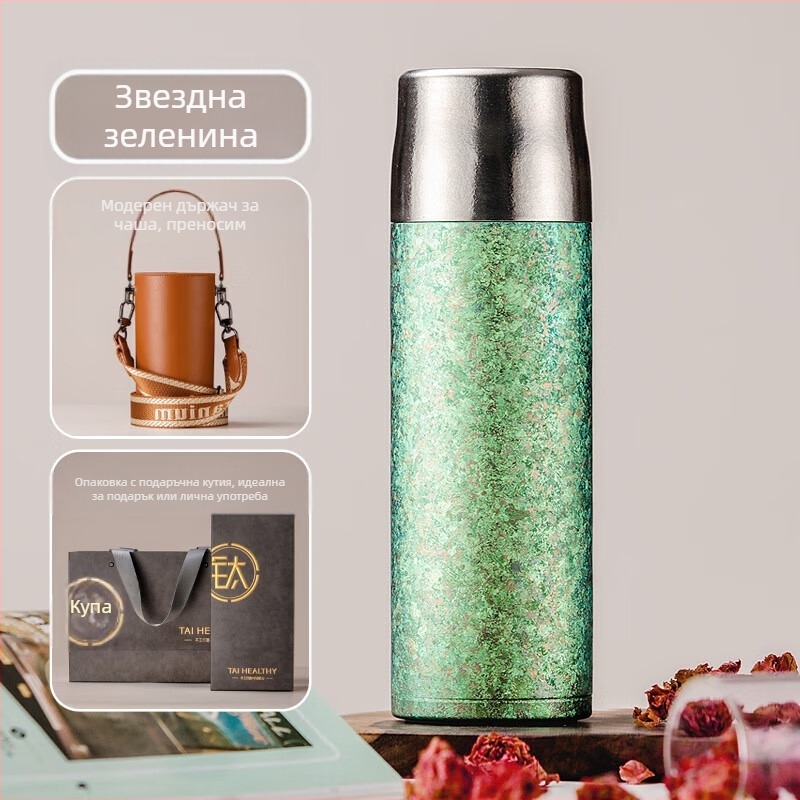 Титаниева двуслойна термос чаша с вакуумна изолация 6–12 ч, персонализиране на лого чрез лазерно гравиране или 3D принтиране, разделяне на чай и вода, вътрешен резервоар и корпус от титаний