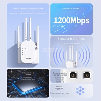 Daerwen WiFi усилвател на сигнала и безжичен повторител с кабелен гигабитов рутер, 1200 Mbps