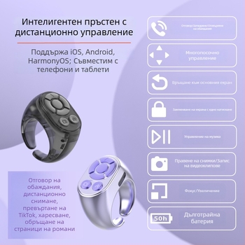 Bluetooth пръстен дистанционно за селфи и кратки видеа – устройство за заснемане на снимки и обръщане на страници
