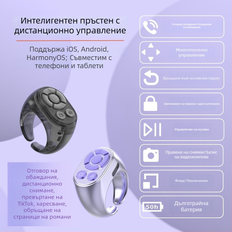 Bluetooth пръстен дистанционно за селфи и кратки видеа – устройство за заснемане на снимки и обръщане на страници