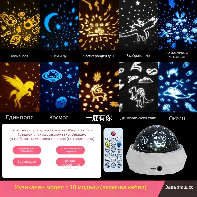 Детски проектор за звездно небе с астронавтска тема, музикална нощна светлина, Bluetooth, дистанционно управление, USB захранване или вградена батерия