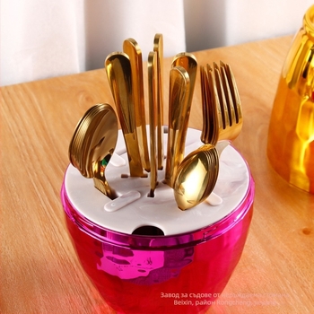 24-частов комплект прибори за хранене от неръждаема стомана – нож, вилица и лъжица; 410 неръждаема стомана, полирано с конопено колело, модерен прост стил