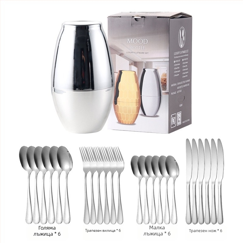 24-частов комплект прибори за хранене от неръждаема стомана – нож, вилица и лъжица; 410 неръждаема стомана, полирано с конопено колело, модерен прост стил