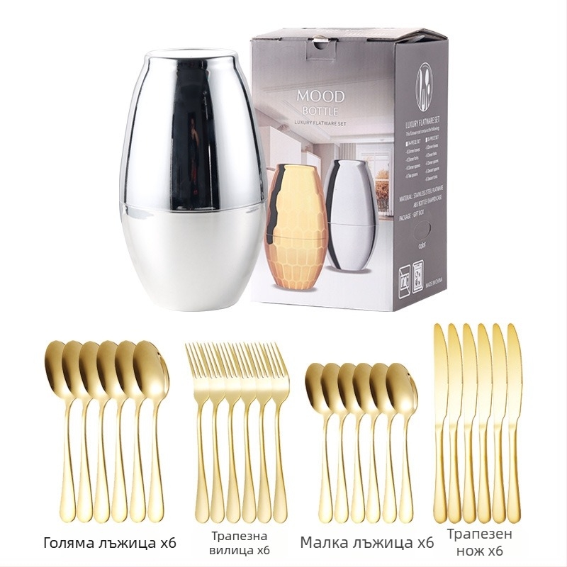 24-частов комплект прибори за хранене от неръждаема стомана – нож, вилица и лъжица; 410 неръждаема стомана, полирано с конопено колело, модерен прост стил