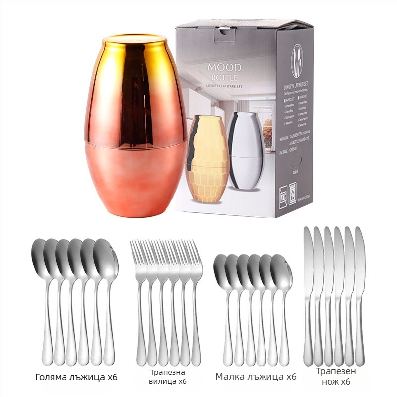 24-частов комплект прибори за хранене от неръждаема стомана – нож, вилица и лъжица; 410 неръждаема стомана, полирано с конопено колело, модерен прост стил