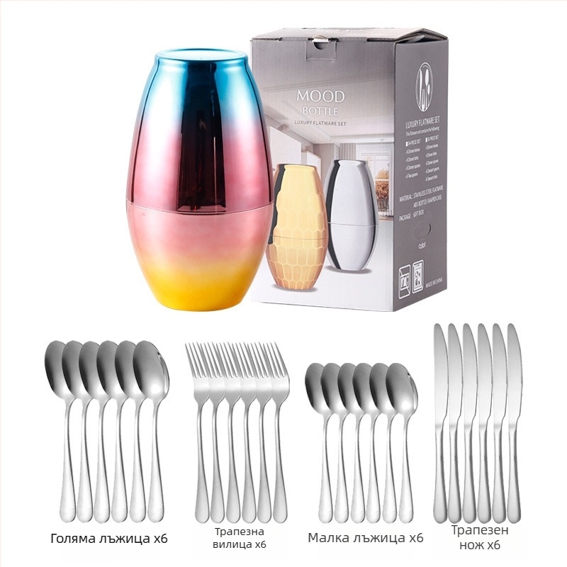 24-частов комплект прибори за хранене от неръждаема стомана – нож, вилица и лъжица; 410 неръждаема стомана, полирано с конопено колело, модерен прост стил
