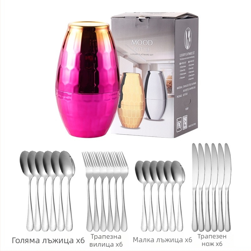 24-частов комплект прибори за хранене от неръждаема стомана – нож, вилица и лъжица; 410 неръждаема стомана, полирано с конопено колело, модерен прост стил