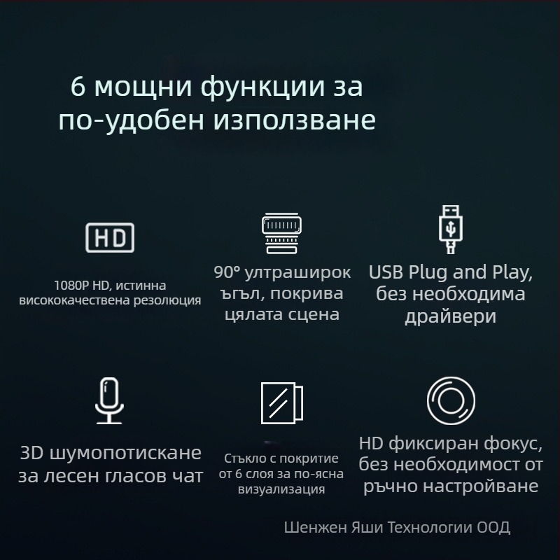 Anzhijia A30 USB уебкамера с 1080p HD видео, вграден микрофон, 2 MP сензор, USB 2.0 интерфейс, фиксиран фокус
