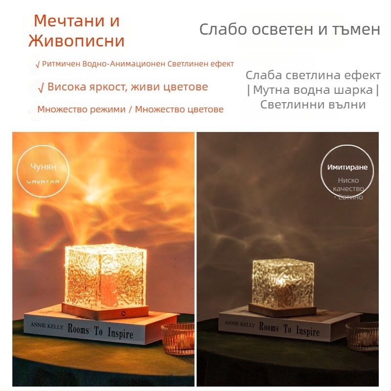 Нощна лампа от масивно дърво с водни вълни, дистанционно управление и контрол чрез мобилно приложение, захранвана с батерия, настолна лампа