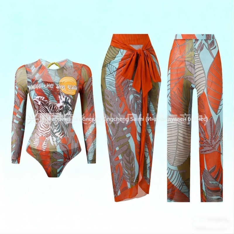 Еднопарен дълъг ръкав бански със слънцезащита, три части – мрежести панталони, подплата за бюста, полиестер, за жени