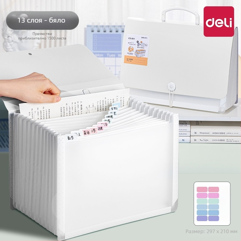 Дели PM06 Аккордеонна папка за документи, пластмасова, 13 отделения, DL-Vertical модел, дебелина 63C