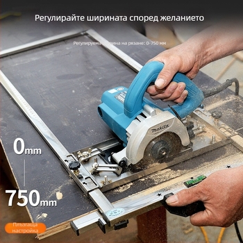 Инструмент за рязане и подрязване на дървени дъски с преносима пила и опора за позициониране