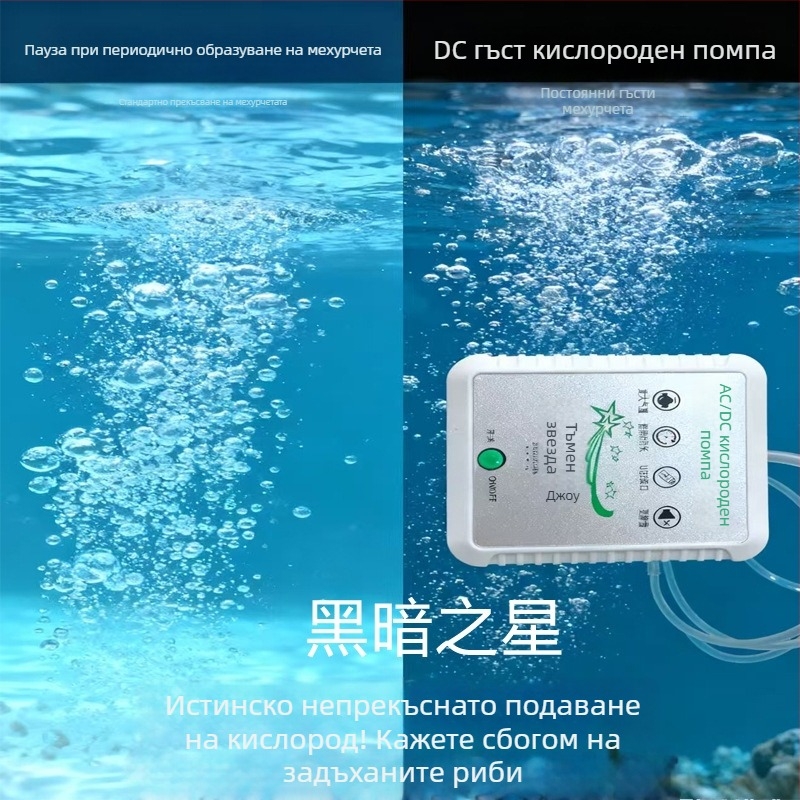 DC-захранвана кислородна помпа за открито и нощно риболовство и аквариум, конфигурации с 2 или 4 отвора, нисък шум 35 dB, тегло около 500 g